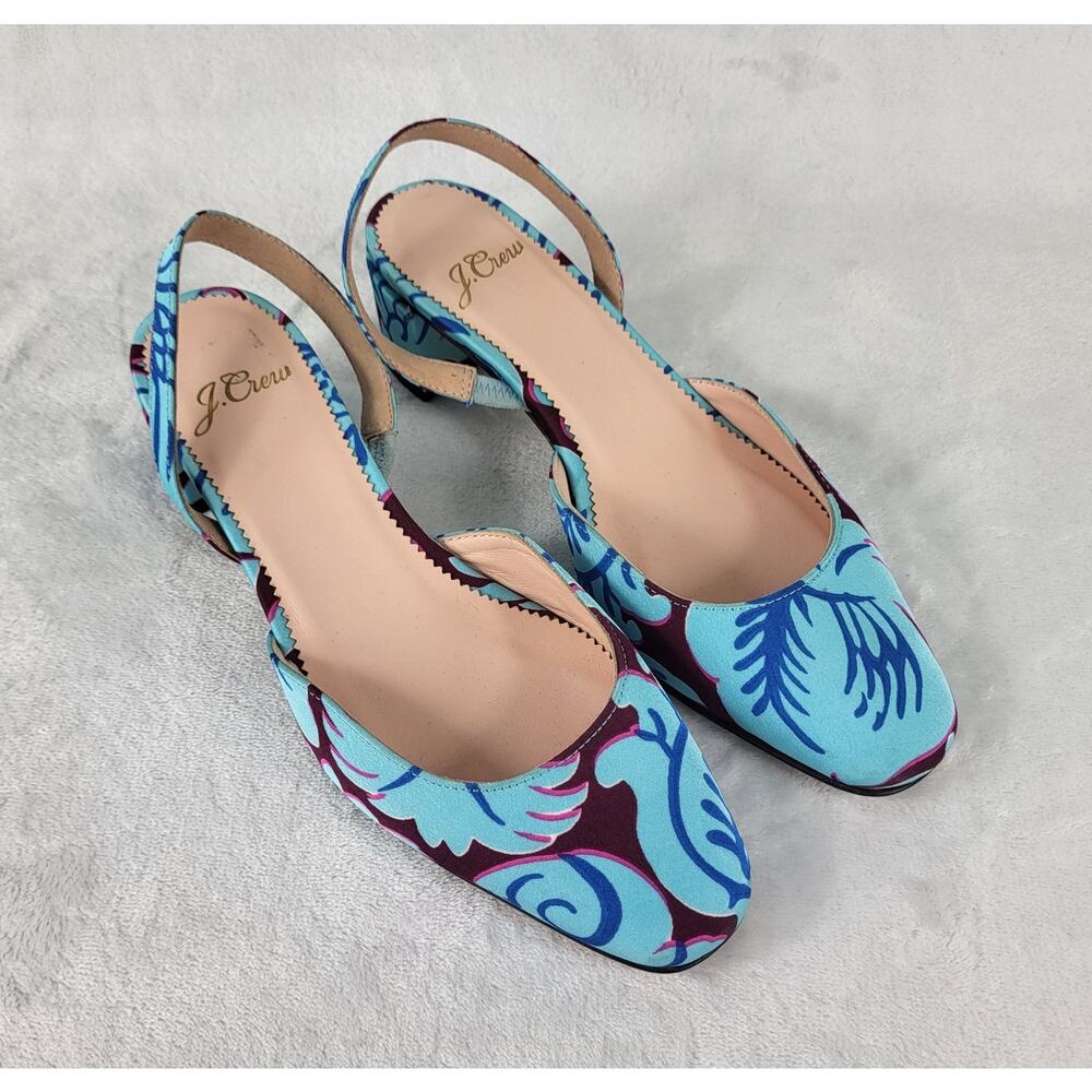 J.Crew Floral Slingback Heels Blue Purple Fabric Pumps Pointed Toe | 5.5 - Picture 2 of 15